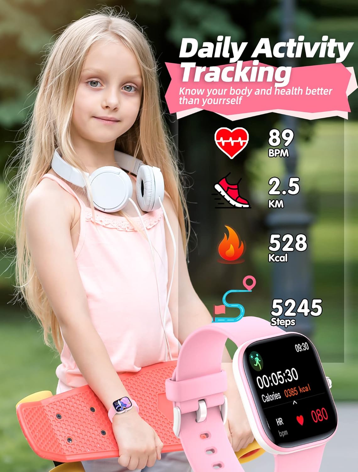 Kids Fitness Smart Watch Pink Heart Sleep Tracker