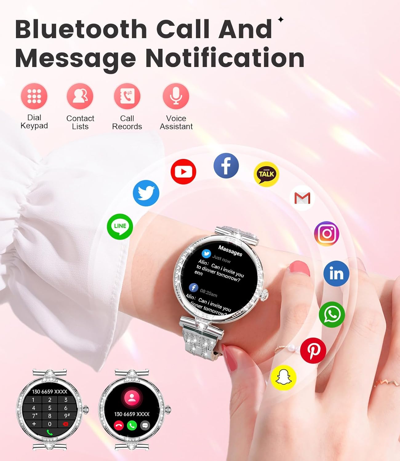 Silver Diamond Ladies Smart Watch Bluetooth Call AMOLED Watch