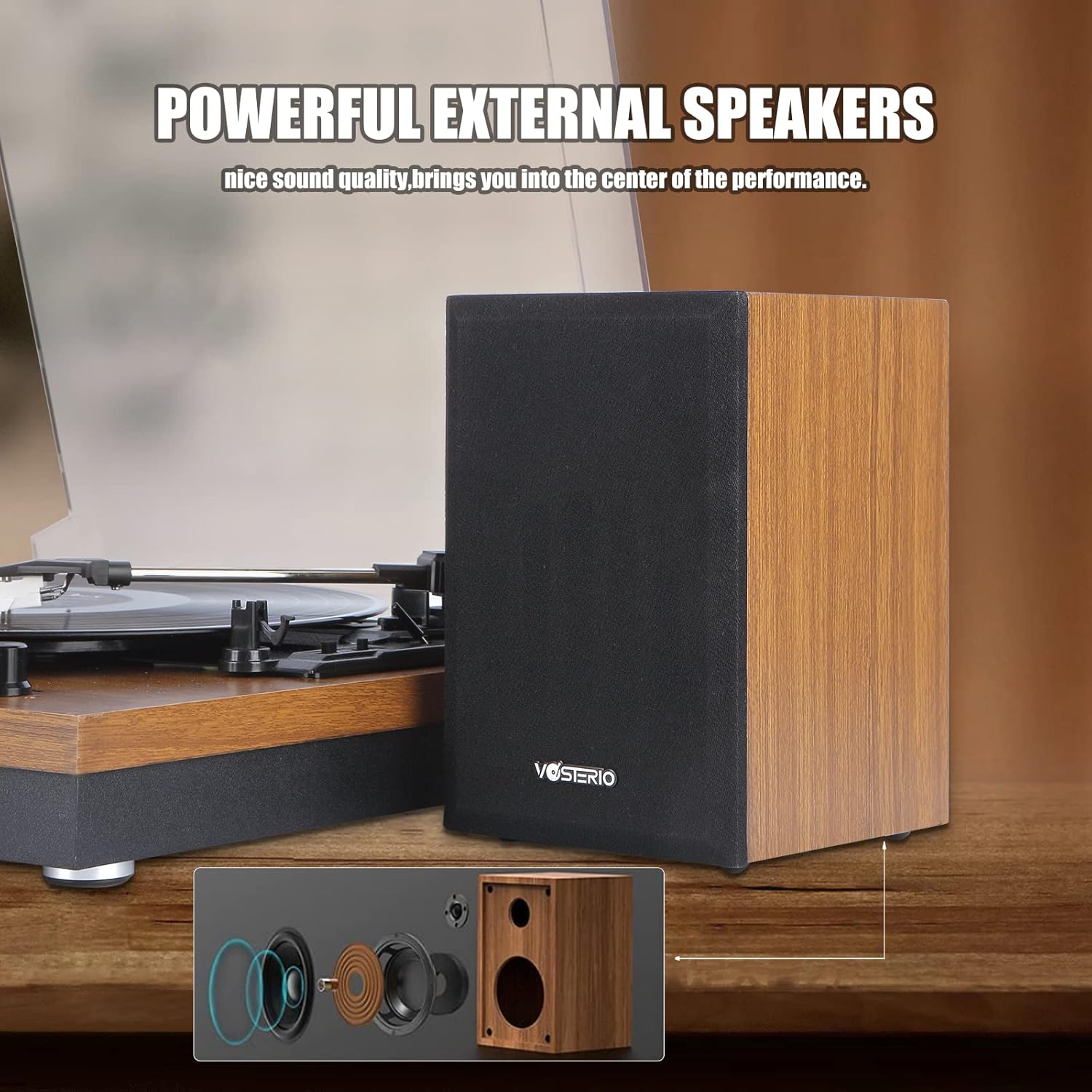 Bluetooth Record Player 3 Speed Turntable 30W Speakers Walnut