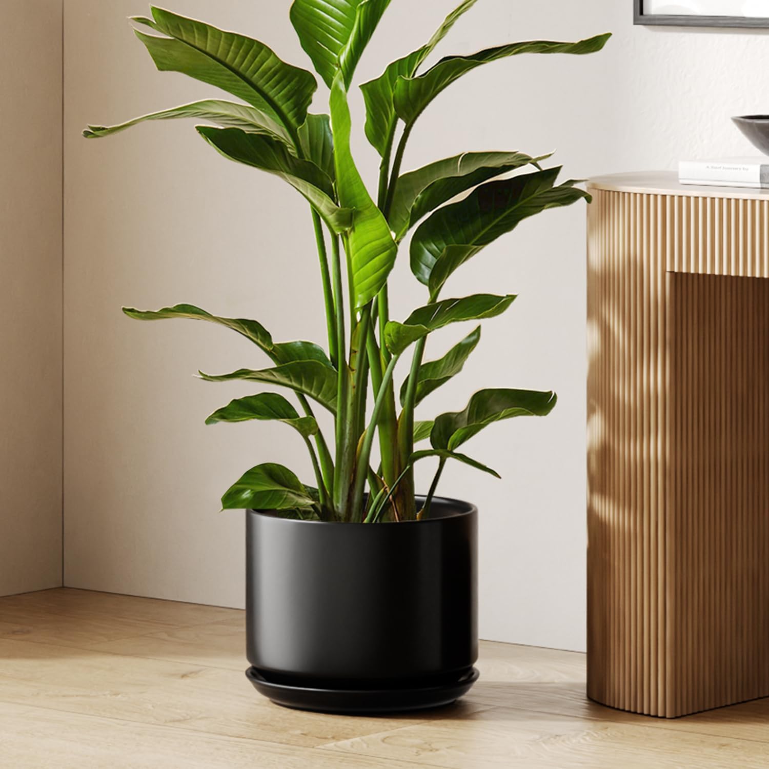 30cm Large Black Ceramic Plant Pot with Saucer Modern