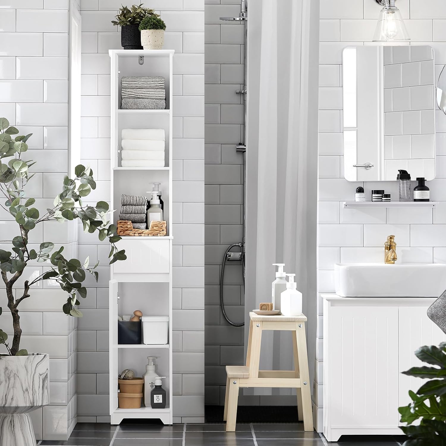 Slim Tall Bathroom Cabinet White Adjustable Shelf Unit