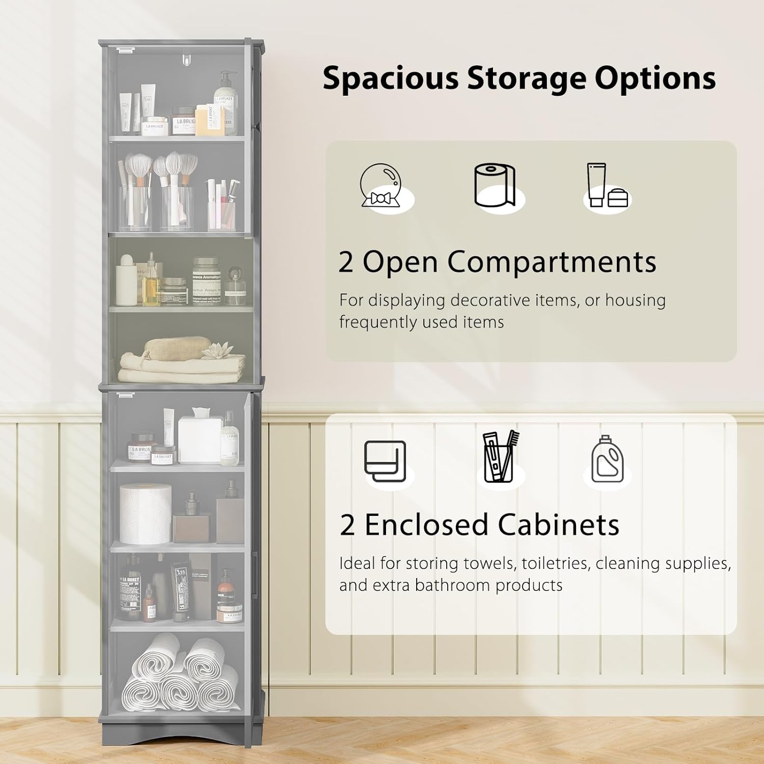 Grey Tallboy Bathroom Cabinet 2 Door Shelf Storage Unit