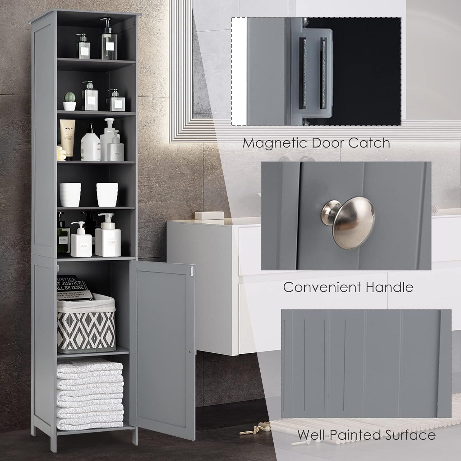 Slim Tall Bathroom Storage Cabinet 5 Shelf Cupboard Grey