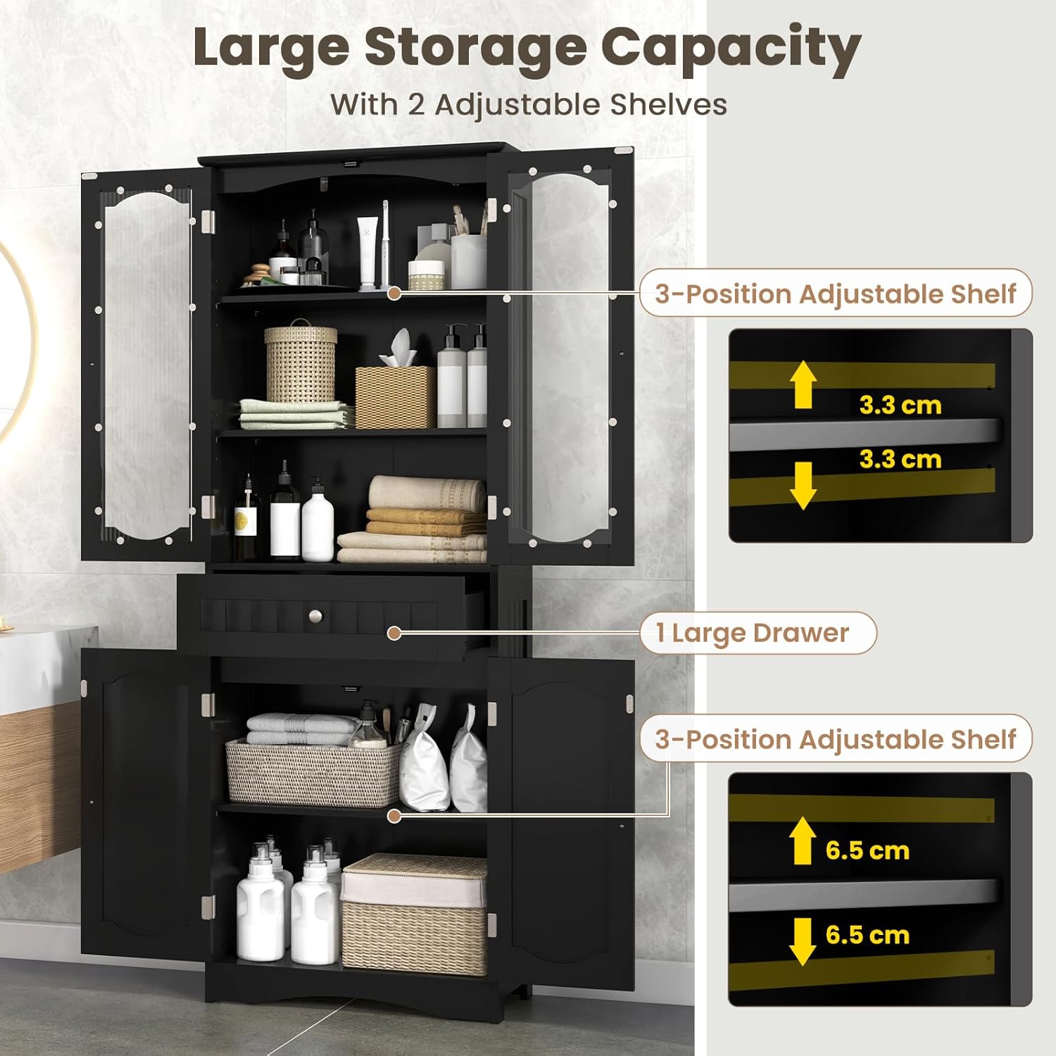 Tall Bathroom Cabinet Glass Door Drawer Shelf Unit Black