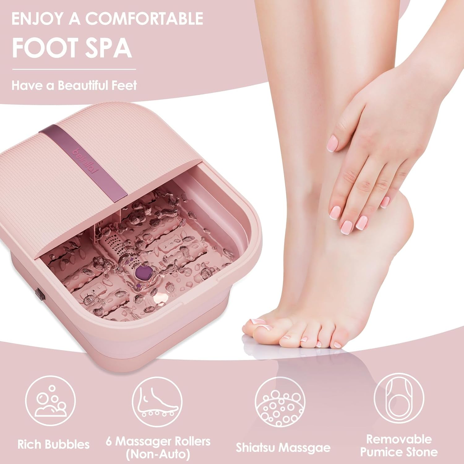 Collapsible Foot Spa Massager Heat Bubble Vibration Rollers Pink
