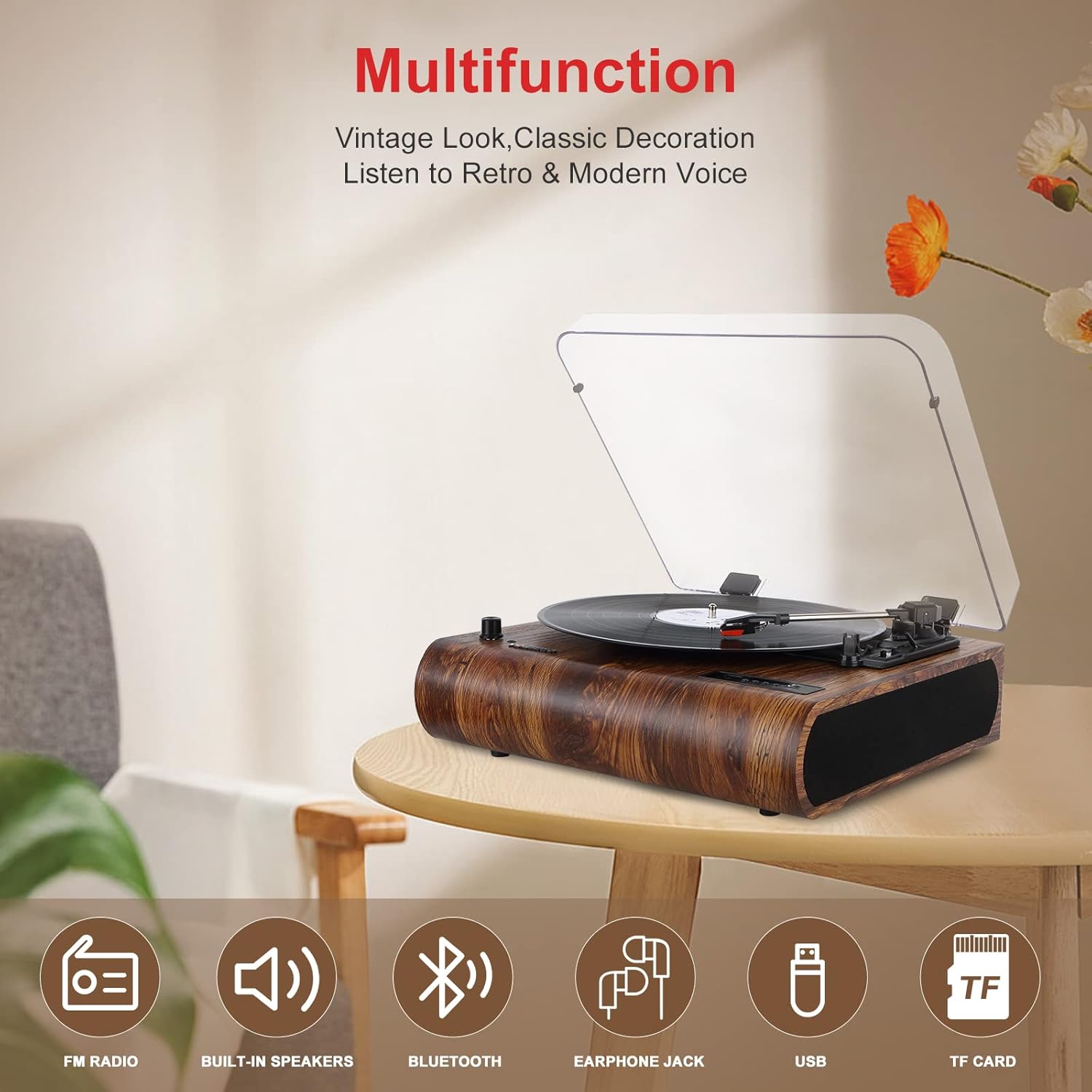Bluetooth Record Player 3 Speed FM Radio USB SD Recording