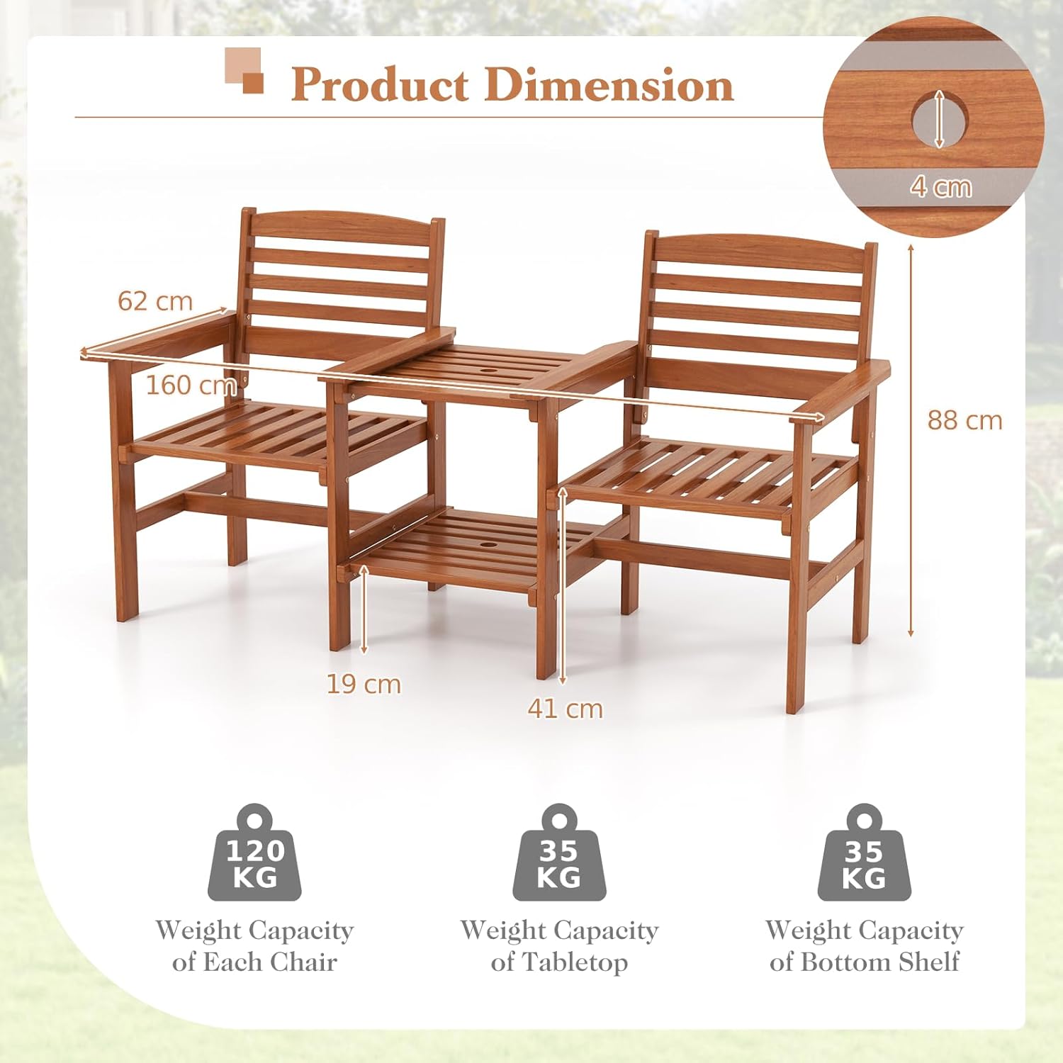 2 Seater Wooden Garden Loveseat Bench w/Table & Parasol Hole