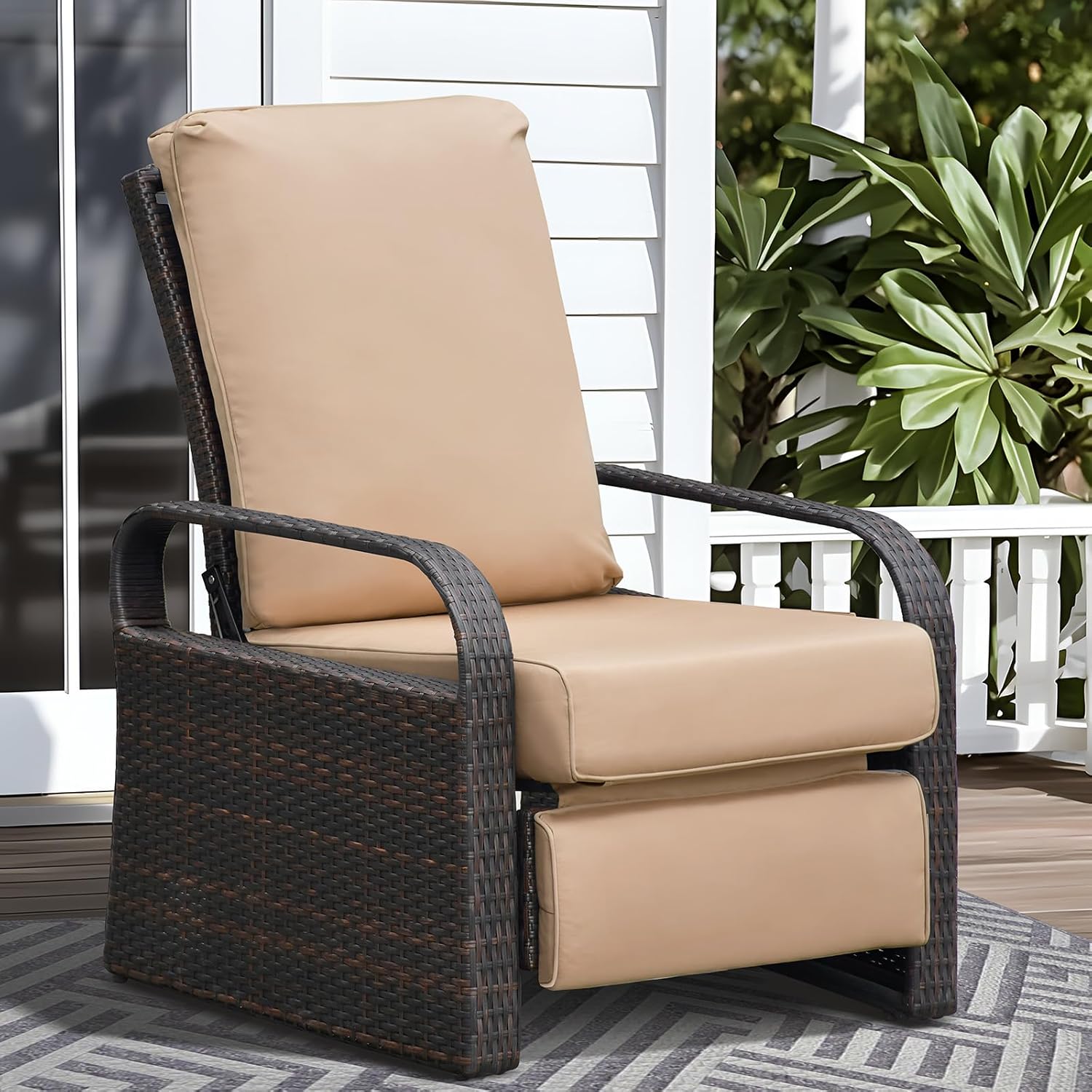 Wicker Garden Recliner Chair Khaki Cushion with Cover