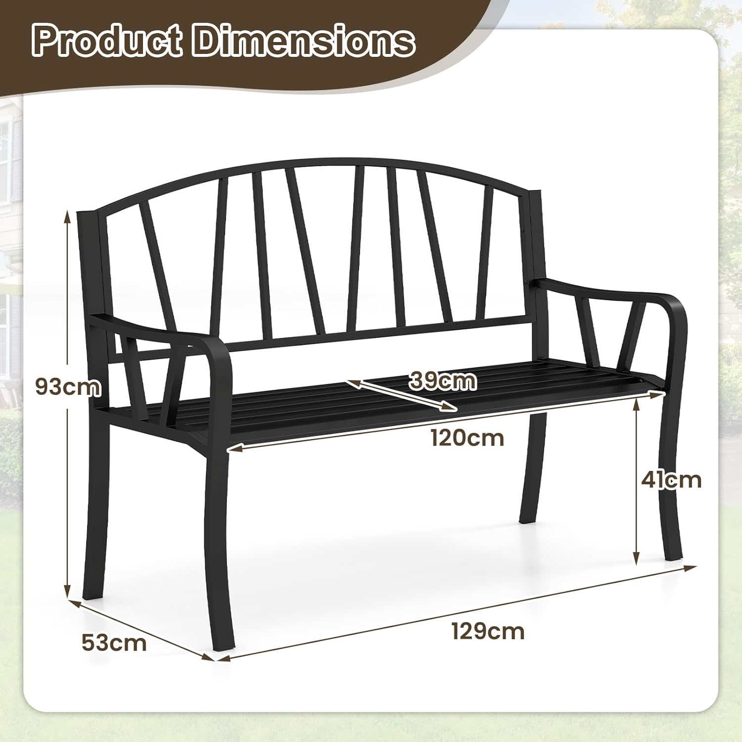 2-3 Seater Outdoor Metal Garden Bench Patio Park Seat Black