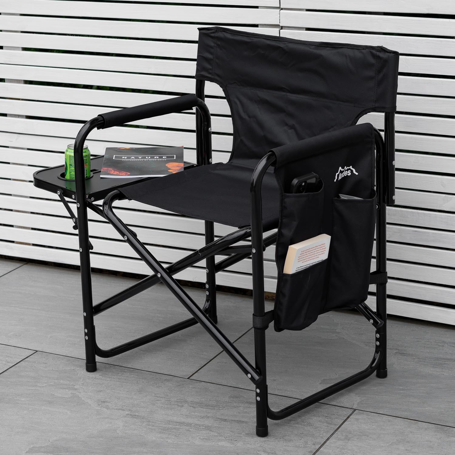 Aluminium Directors Chair with Side Table Pockets Black