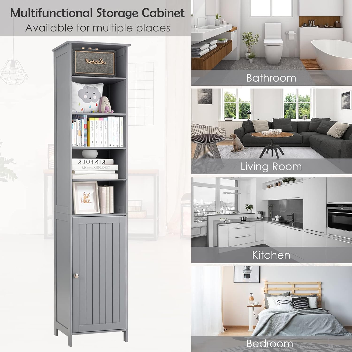 Slim Tall Bathroom Storage Cabinet 5 Shelf Cupboard Grey