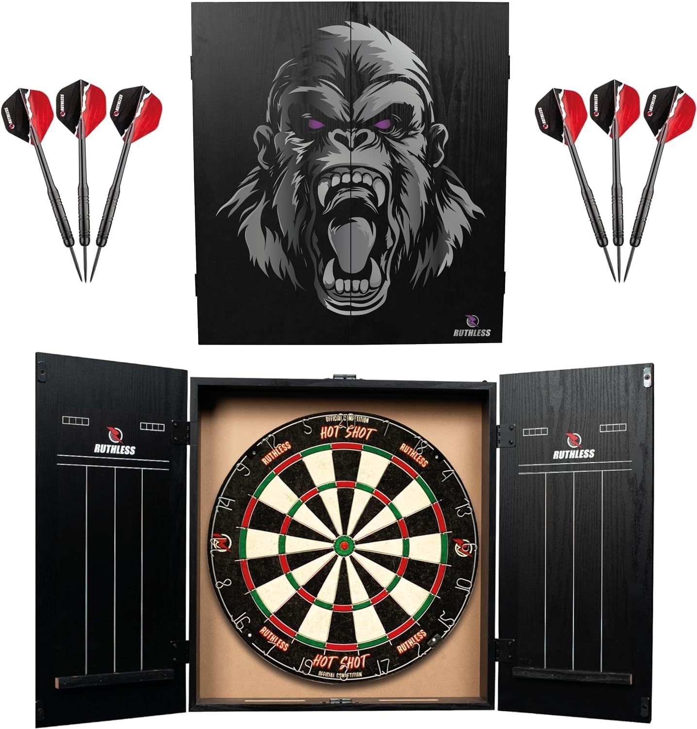 Wood Dart Board Cabinet Set LED Light Scoreboard 2 Darts Indoor