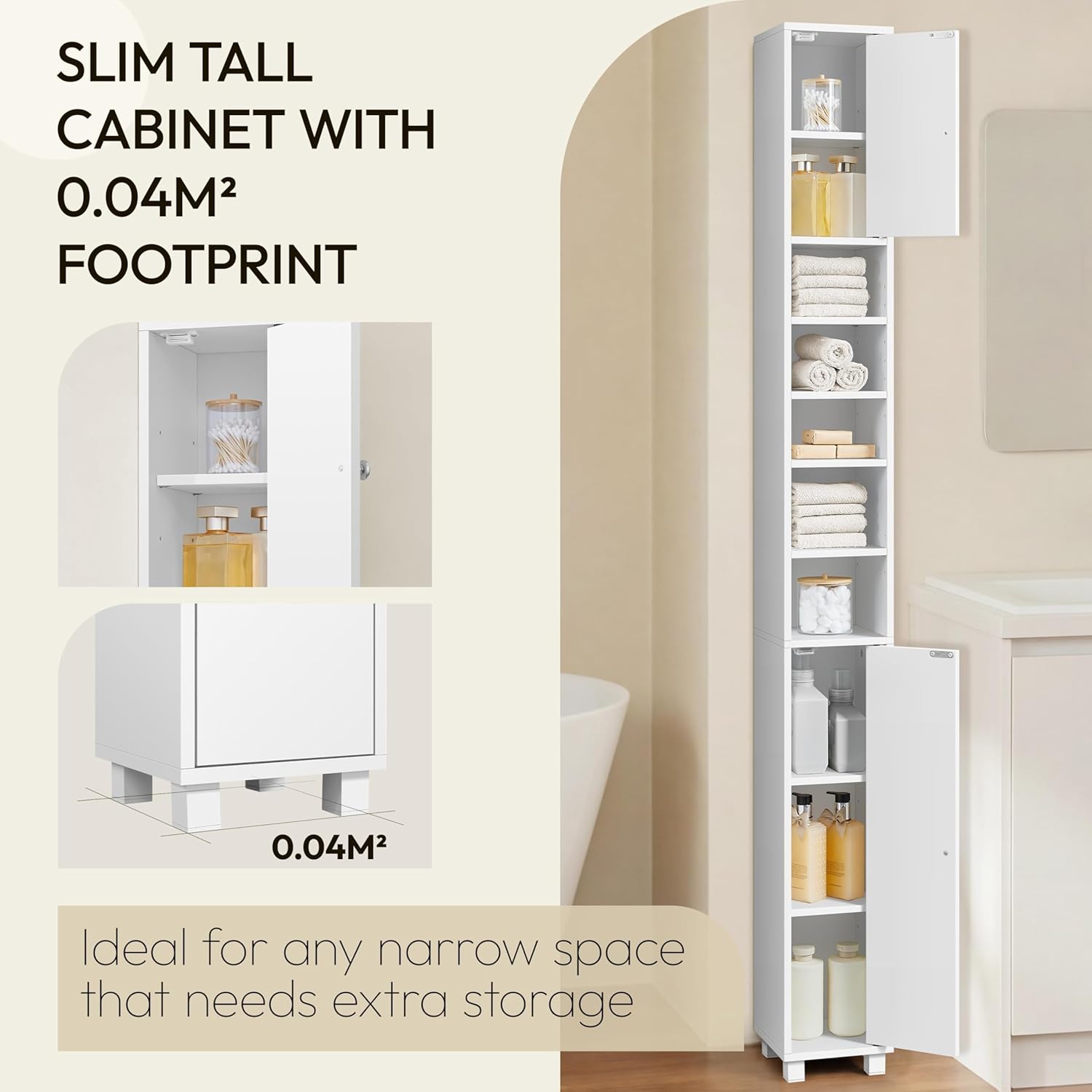 Tall Slim Bathroom Storage Cabinet 6 Adjustable Shelves White 181cm