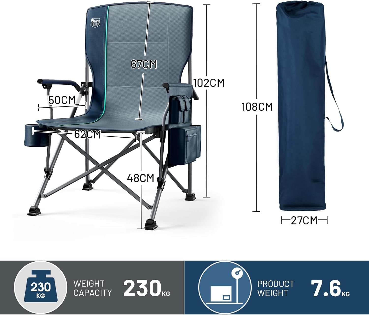 Oversized Camping Chair with Lumbar Support Cooler Pocket Blue