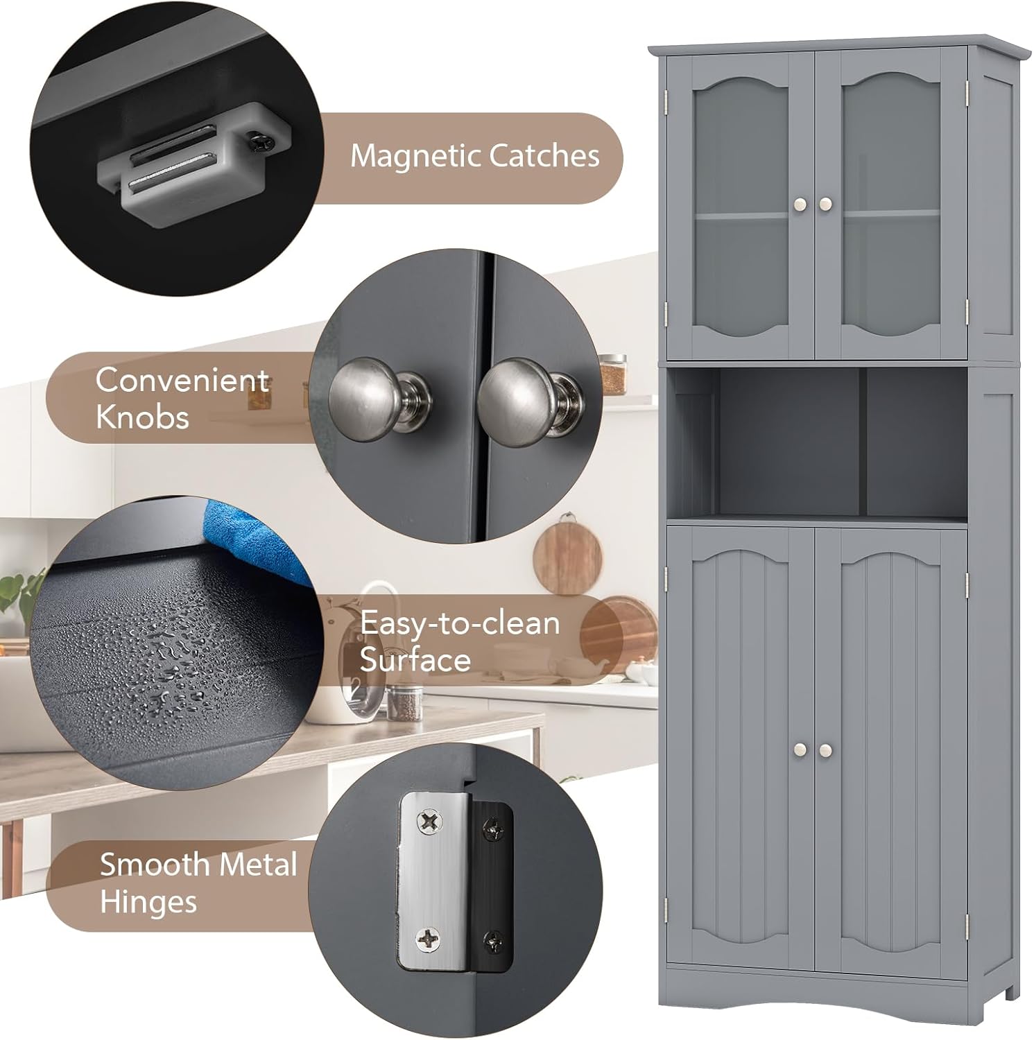 Tall Bathroom Storage Cabinet Glass Door Shelf Unit Grey