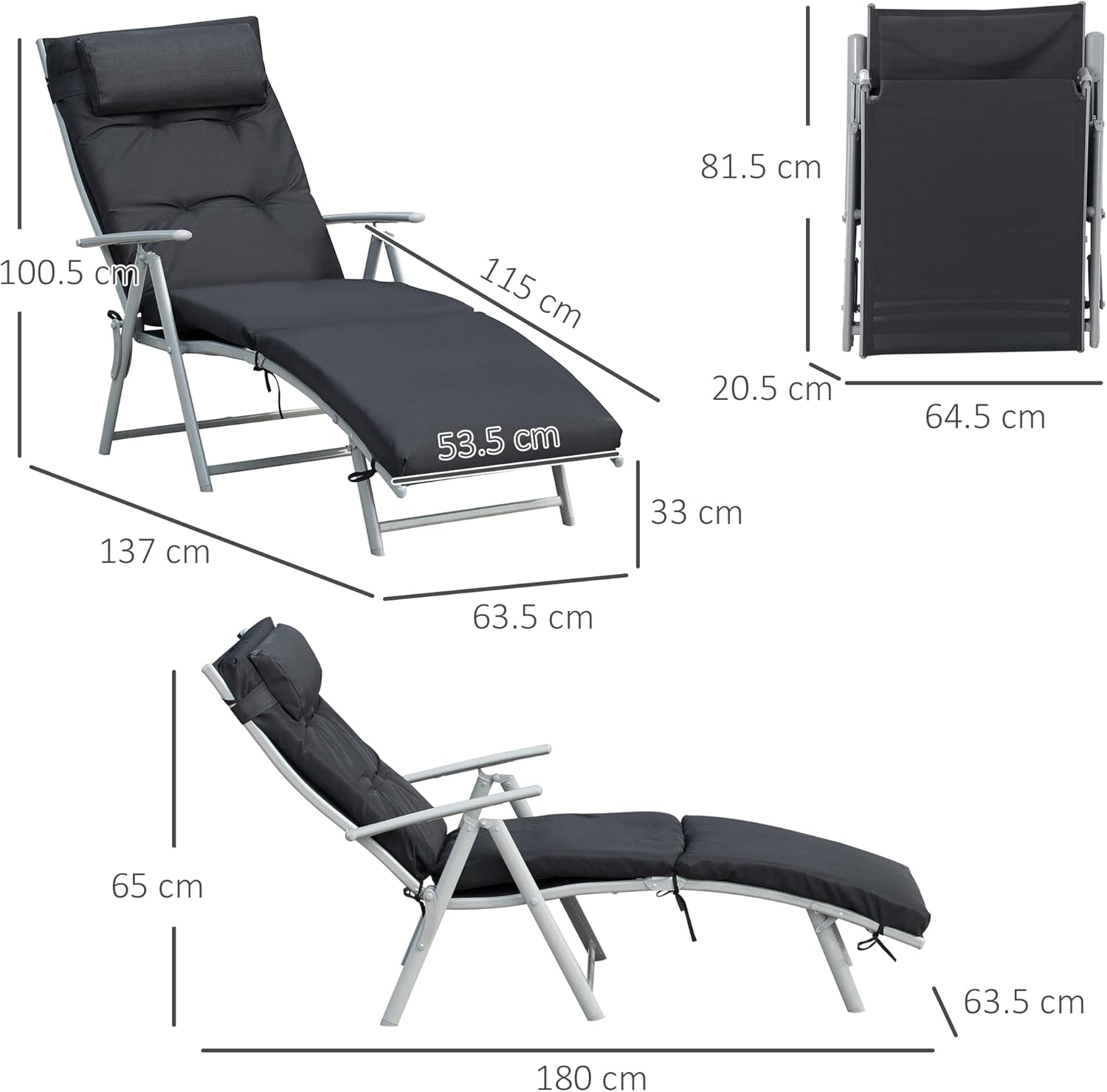 Folding Sun Lounger 7 Level Recliner Chair Black