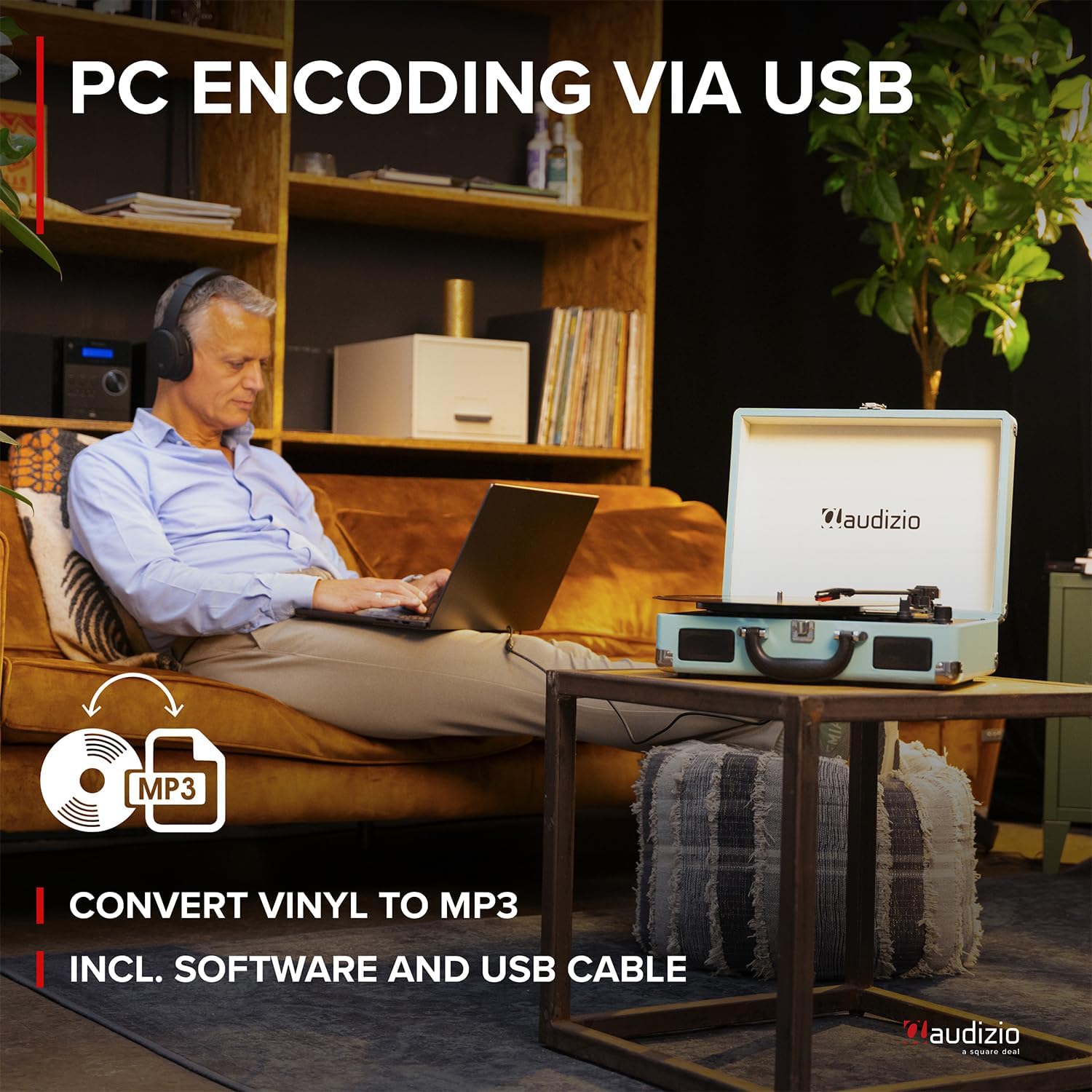 Portable 3-Speed Vinyl Record Player with Built-In Speakers & USB