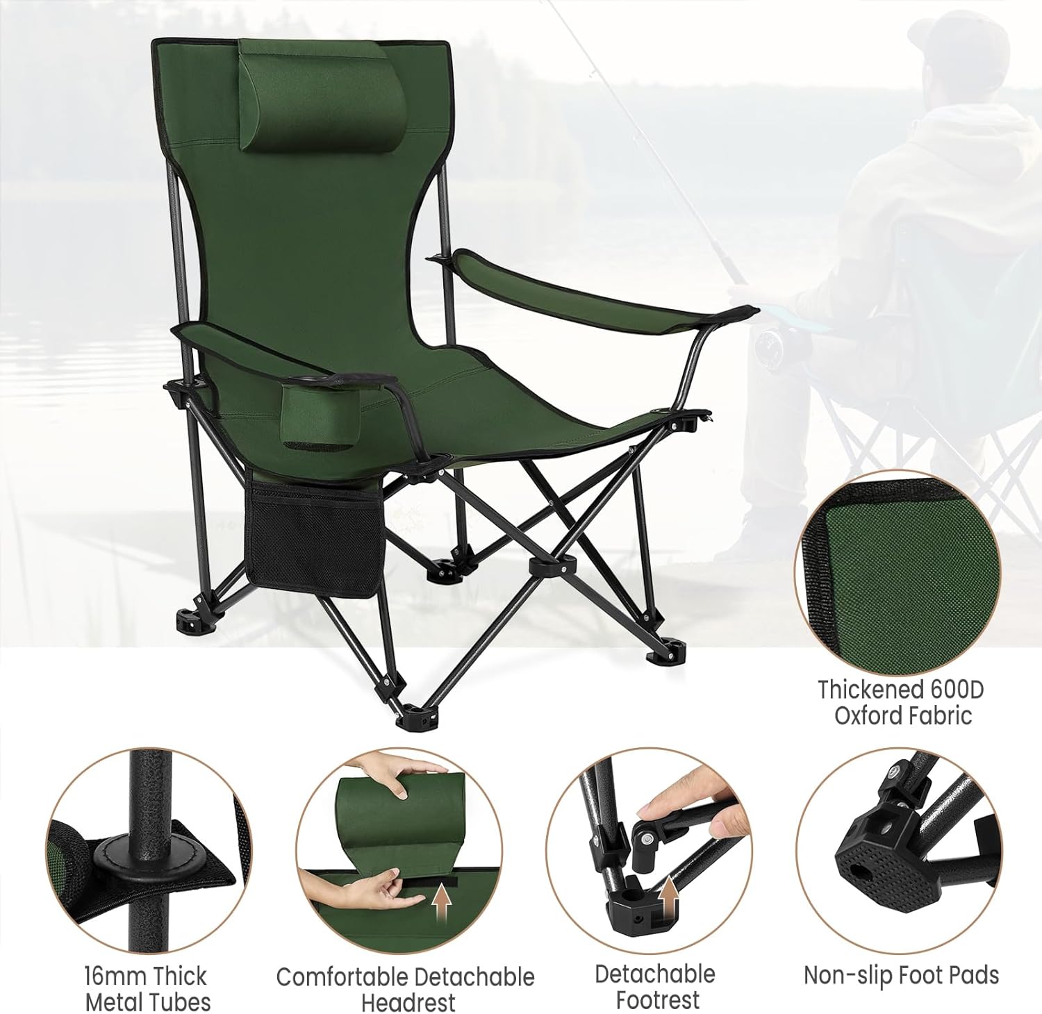 2 Pack Green Reclining Camping Chairs with Footrest