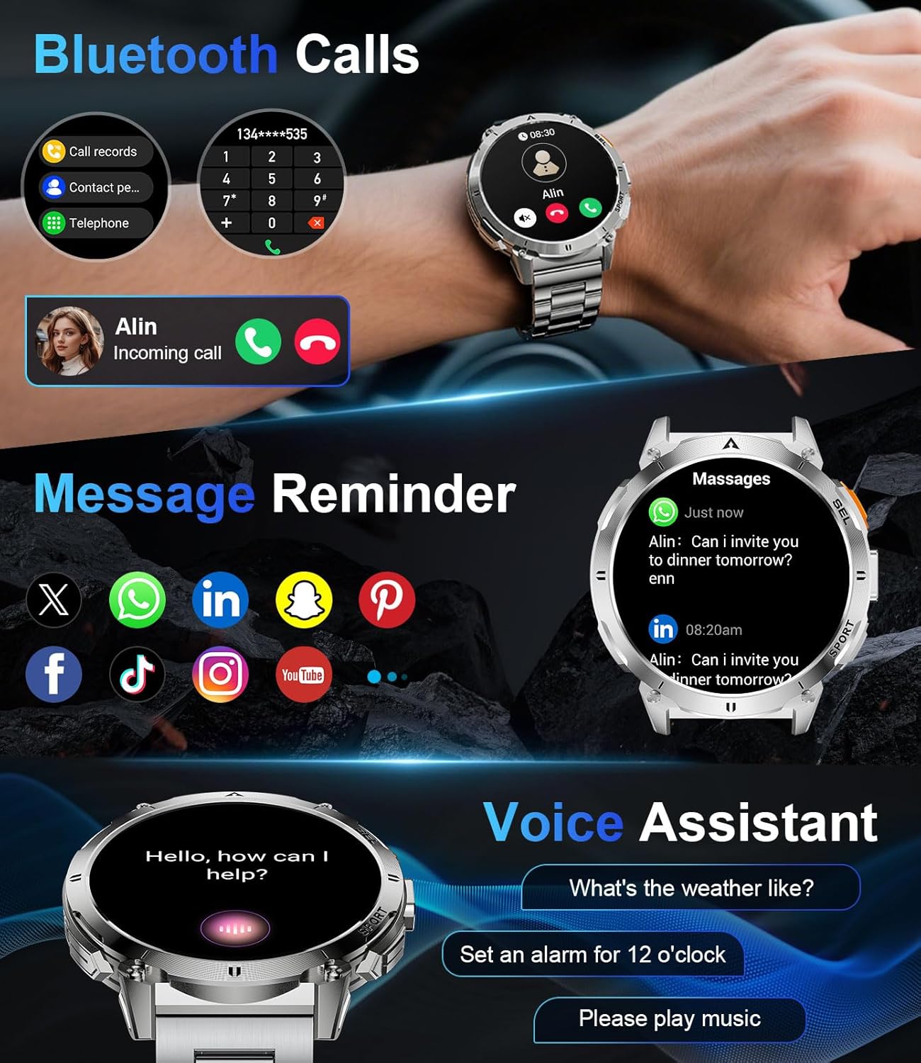 Mens AMOLED Smart Watch Bluetooth Call 730mAh LED Flashlight