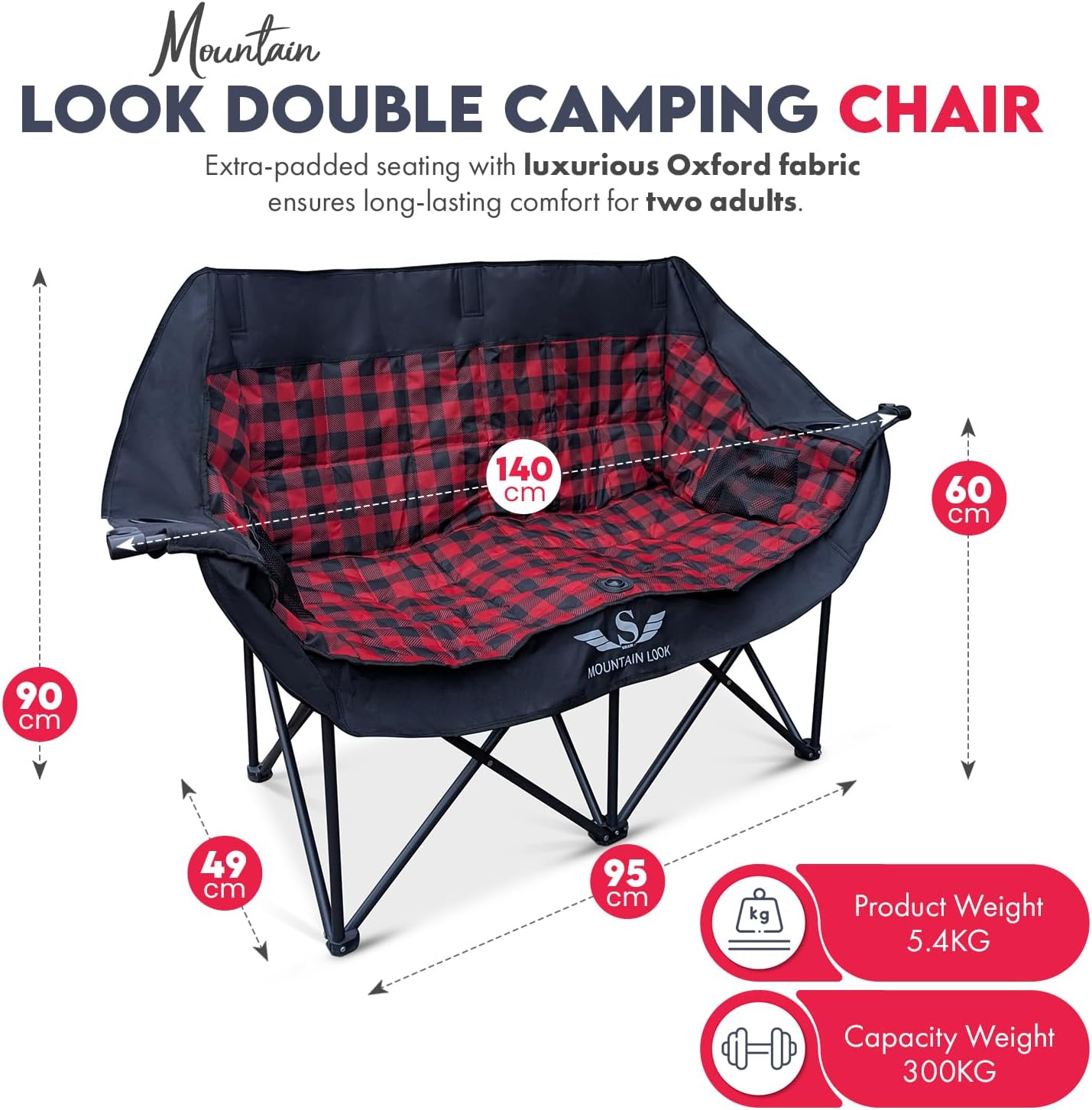 Double Folding Camping Chair 300kg 2 Seater Padded Sofa