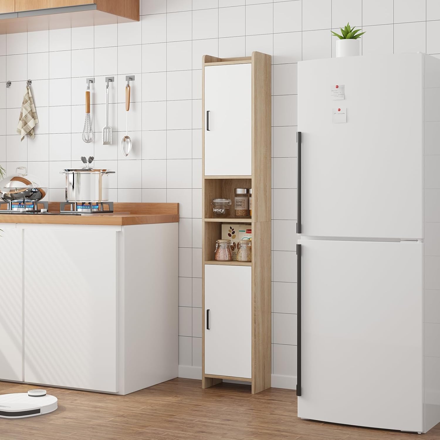 Tall Slim Bathroom Storage Cabinet 2 Doors White Maple 170cm