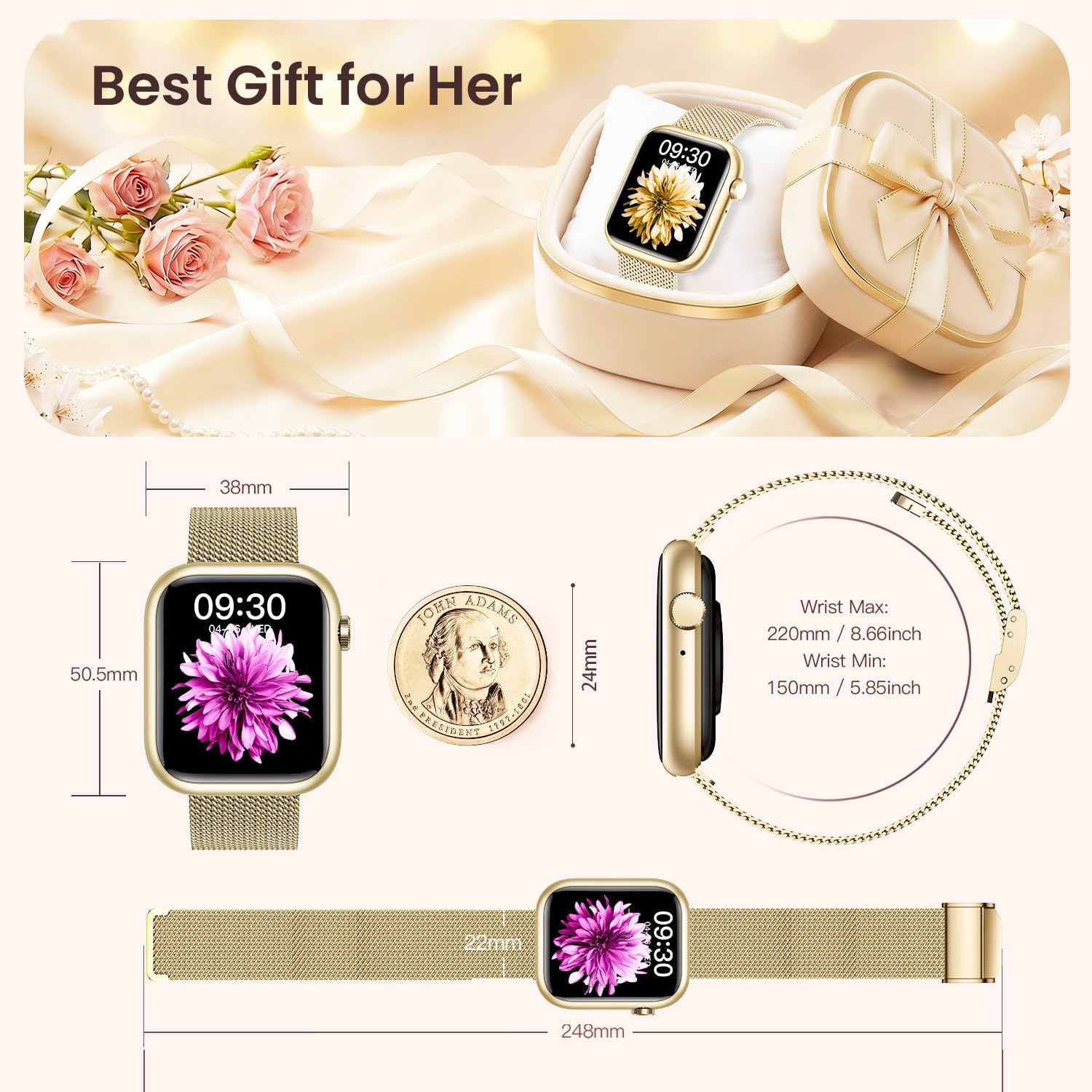 Women Smart Watch Call Fitness Tracker 3 Strap Gold