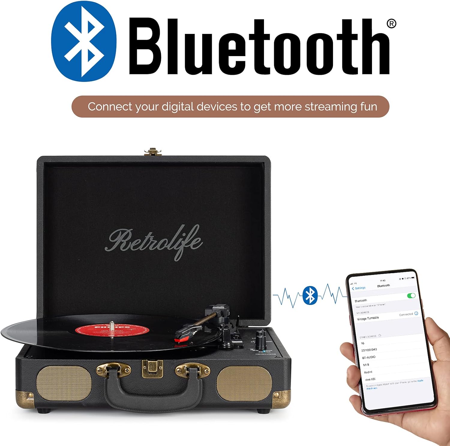 Portable 3-Speed Vinyl Record Player Bluetooth Suitcase Turntable