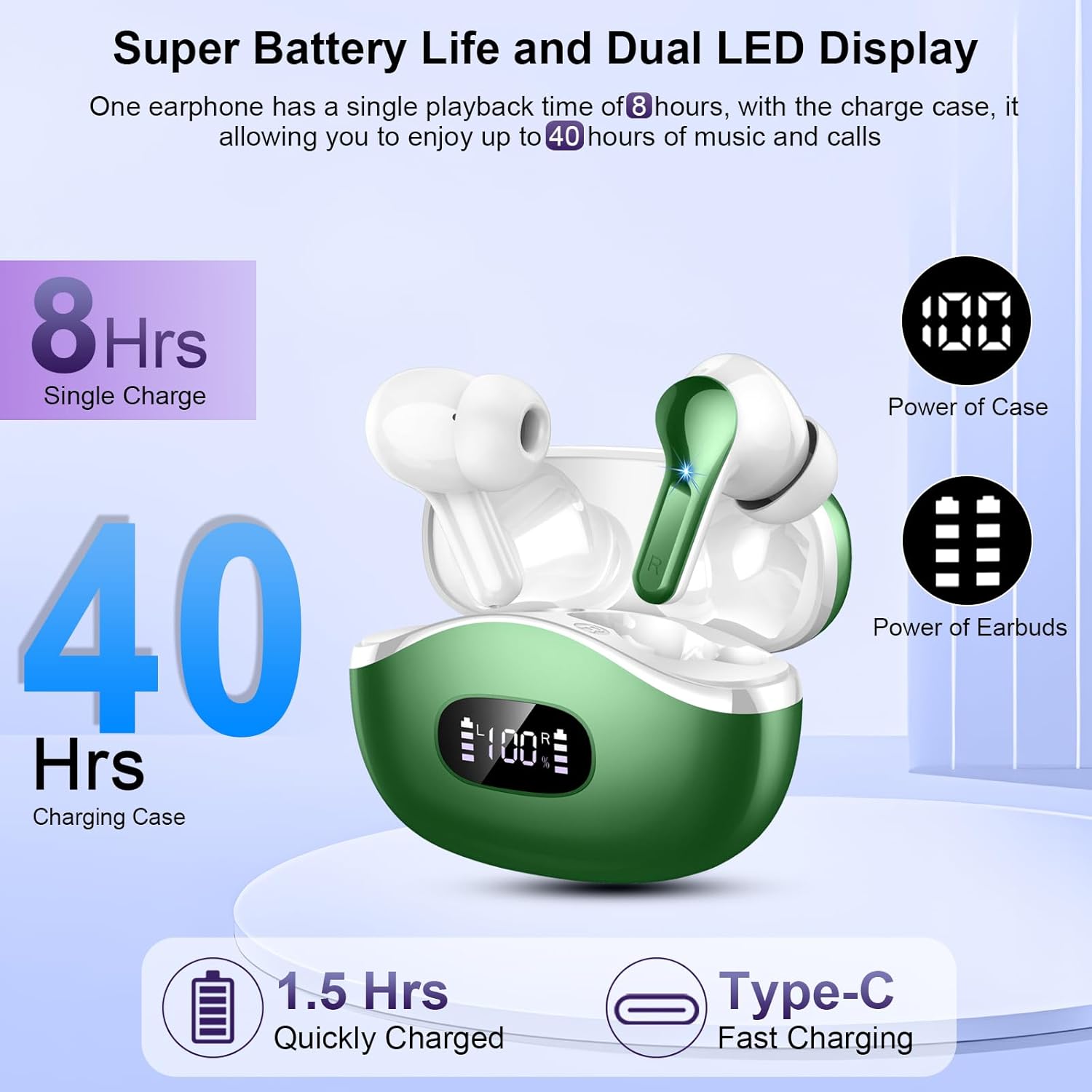 Wireless Bluetooth Earbuds ENC Noise Cancelling 40 Hour Playtime