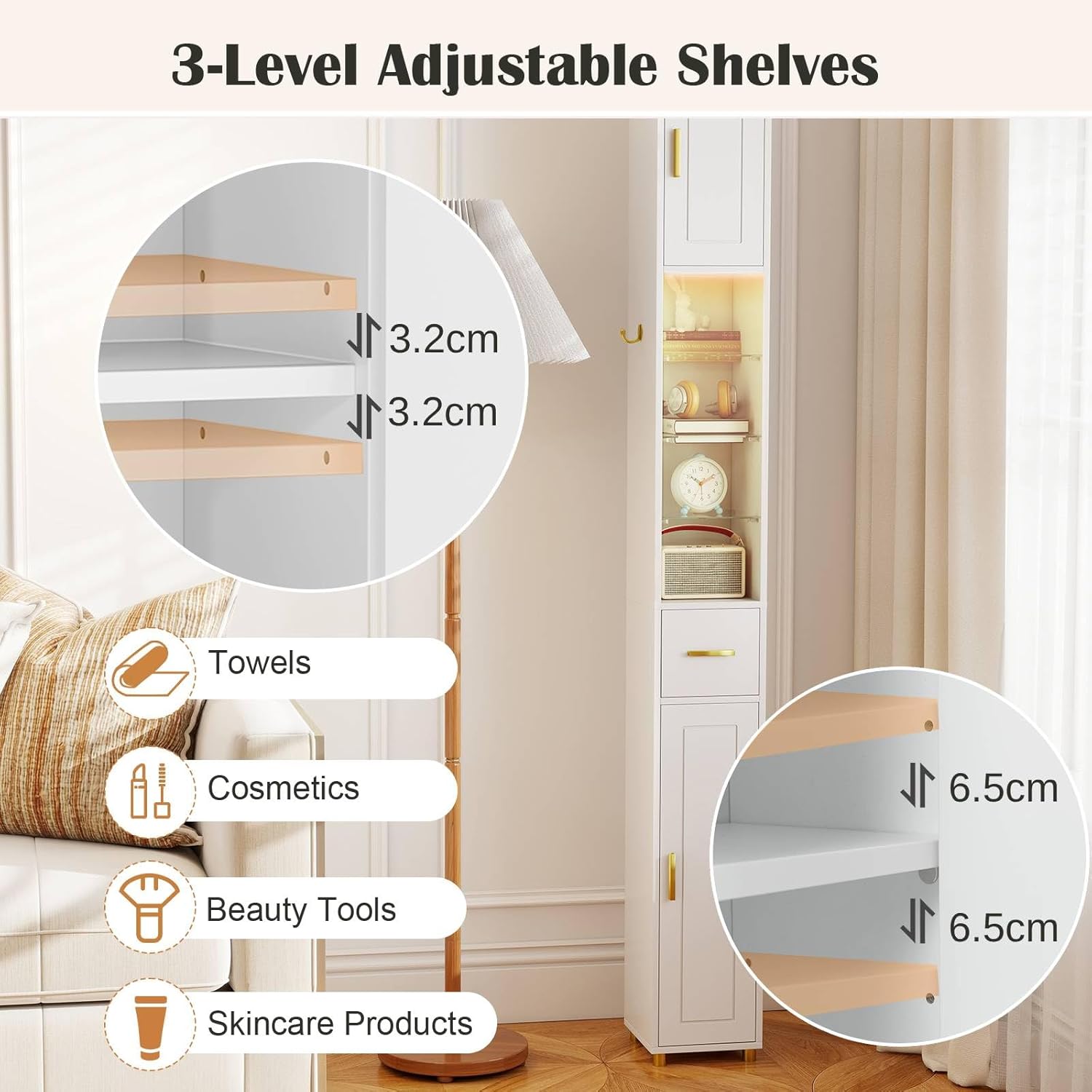 Tall Slim Storage Cabinet White LED Shelf Hook Unit