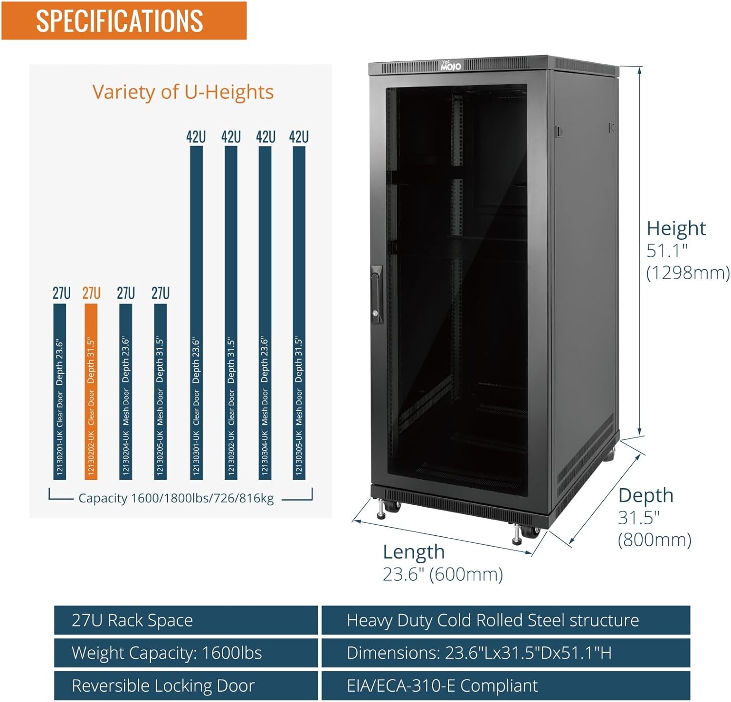 27U Server Rack Cabinet 800mm Glass Door Flat Pack
