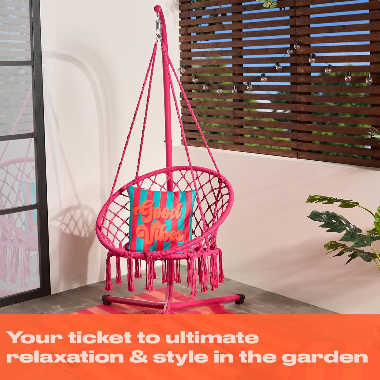 Hot Pink Macrame Egg Chair with Stand Hanging Swing
