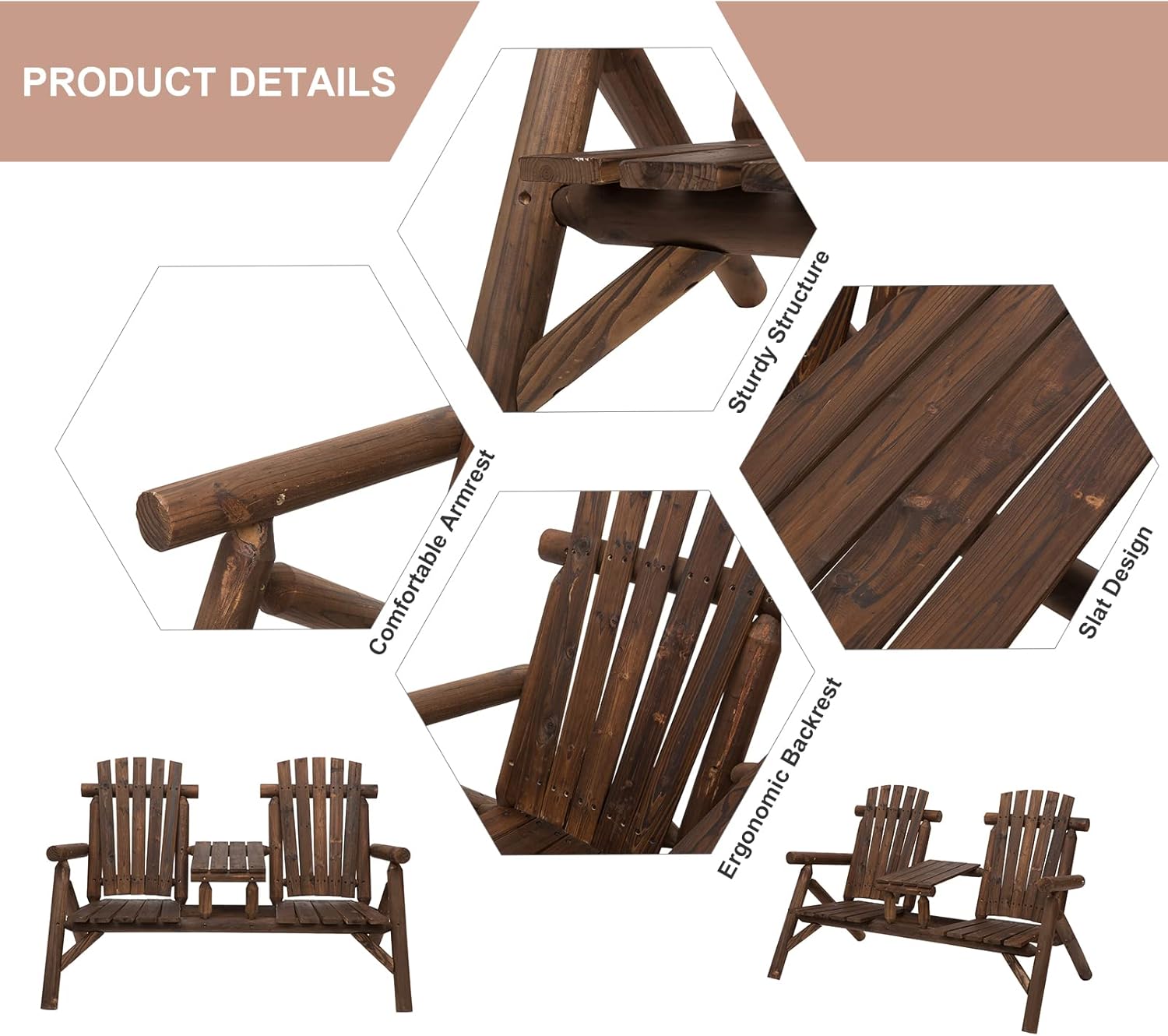 2 Seater Wooden Garden Bench with Centre Table Patio Seat