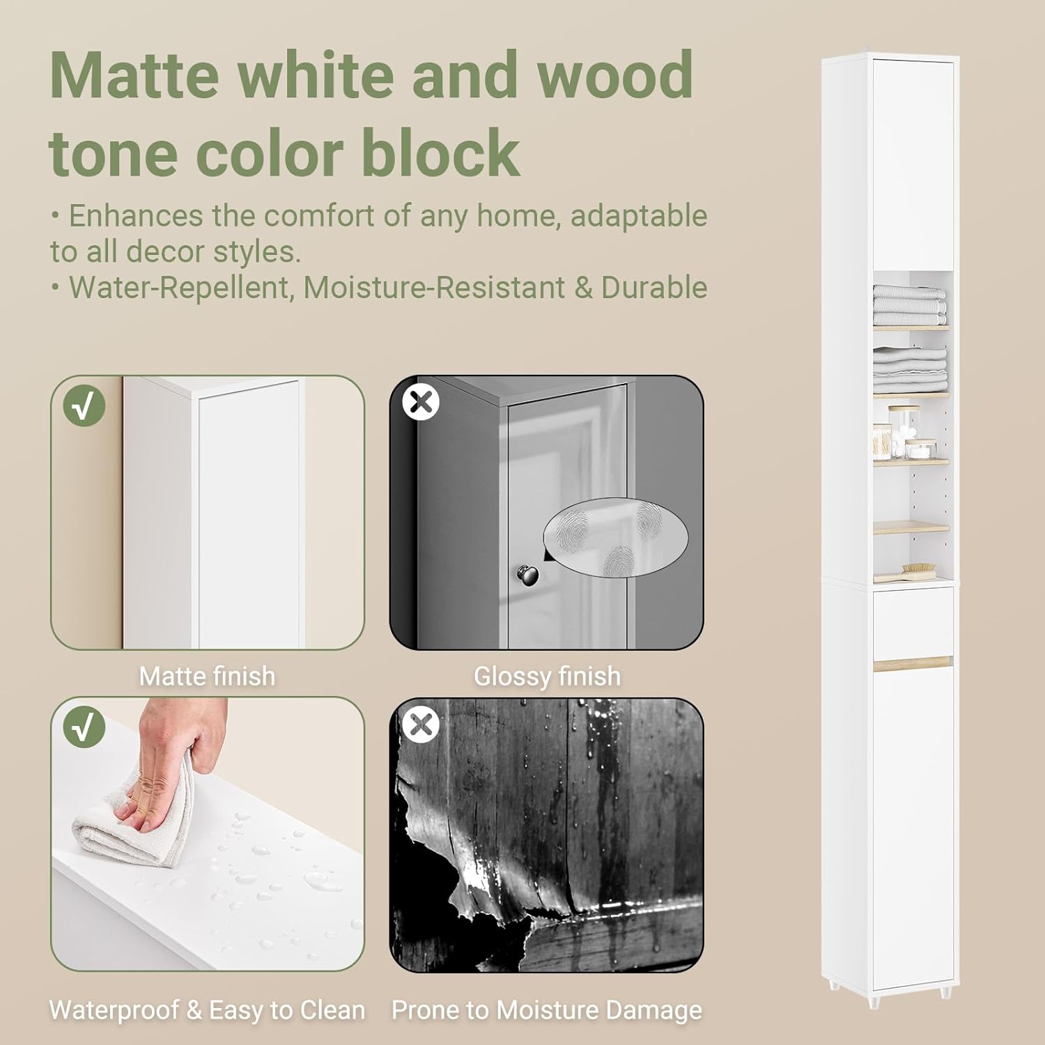 Slim Tall Bathroom Storage Cabinet 20cm White Natural 180cm
