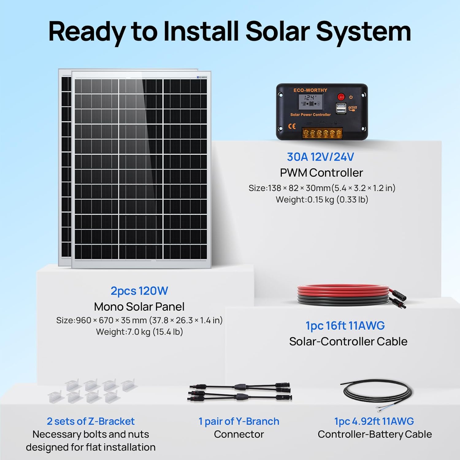 240W 12V Solar Panel Kit 30A Controller 2 Panels