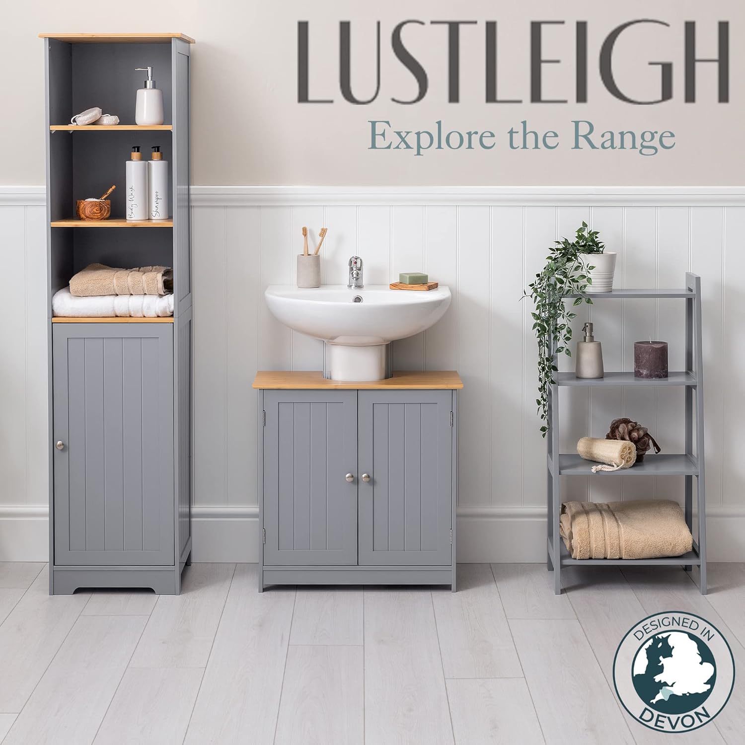 Tall Bathroom Storage Cabinet Grey Bamboo Shelf Unit