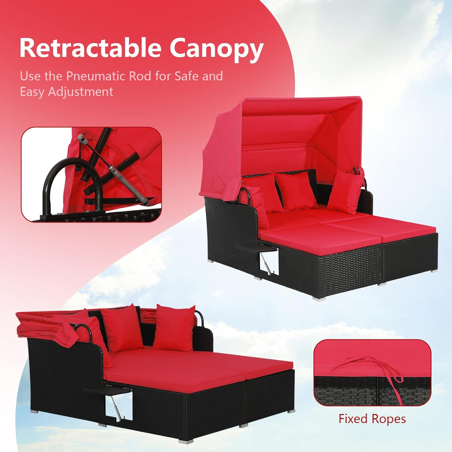 Rattan Garden Daybed 2 Seat Sun Lounger Canopy Red