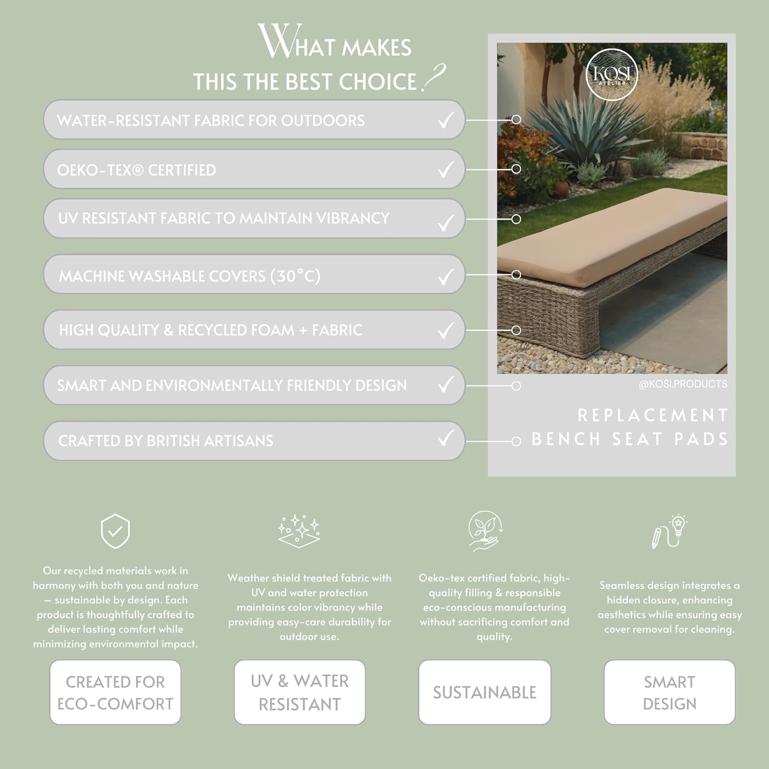 2 Seater Garden Bench Cushion 128x50cm Outdoor Seat Pad Beige