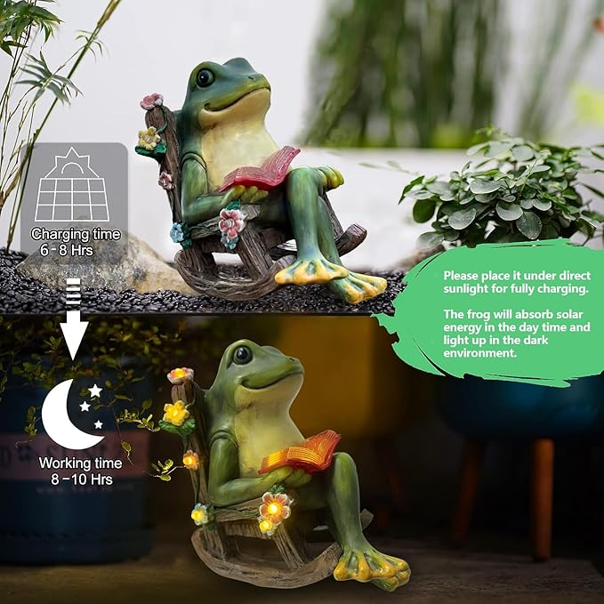 Solar Frog Garden Statue LED Lights Succulent Outdoor Decor