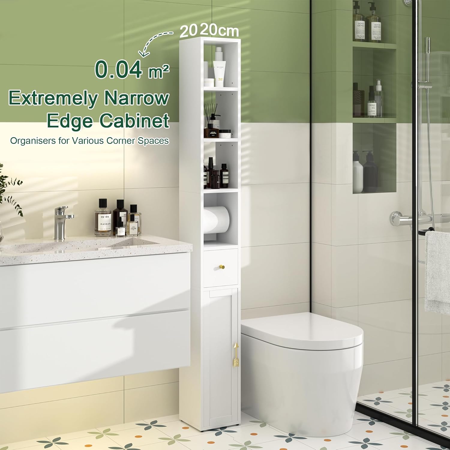 Slim Tall Bathroom Cabinet White Adjustable Shelf Tissue Holder