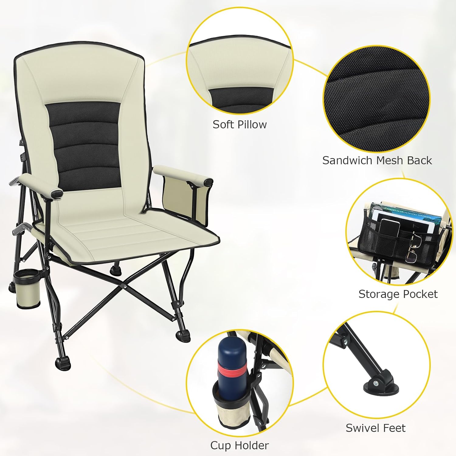 Adjustable Reclining Camping Chair with Lumbar Support Beige