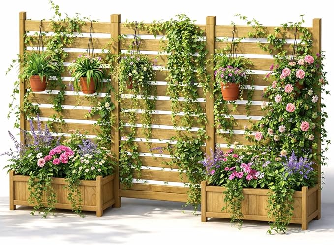 3 Piece Wooden Planter with Trellis Privacy Screen Set