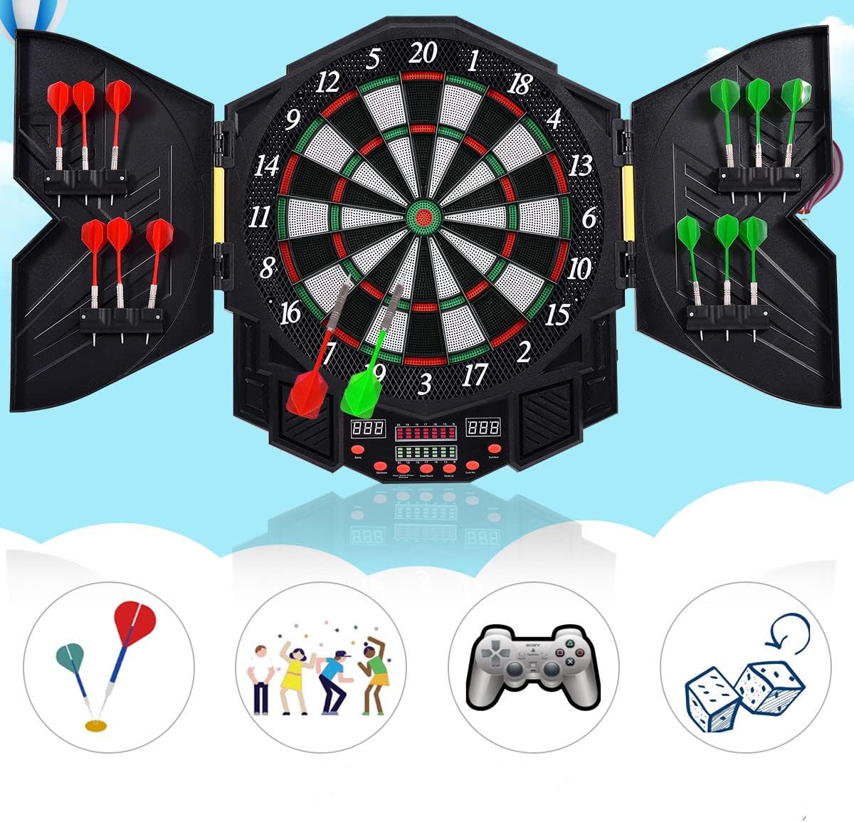 Electronic Dartboard Set Auto Scoring LED Display 12 Darts Cabinet