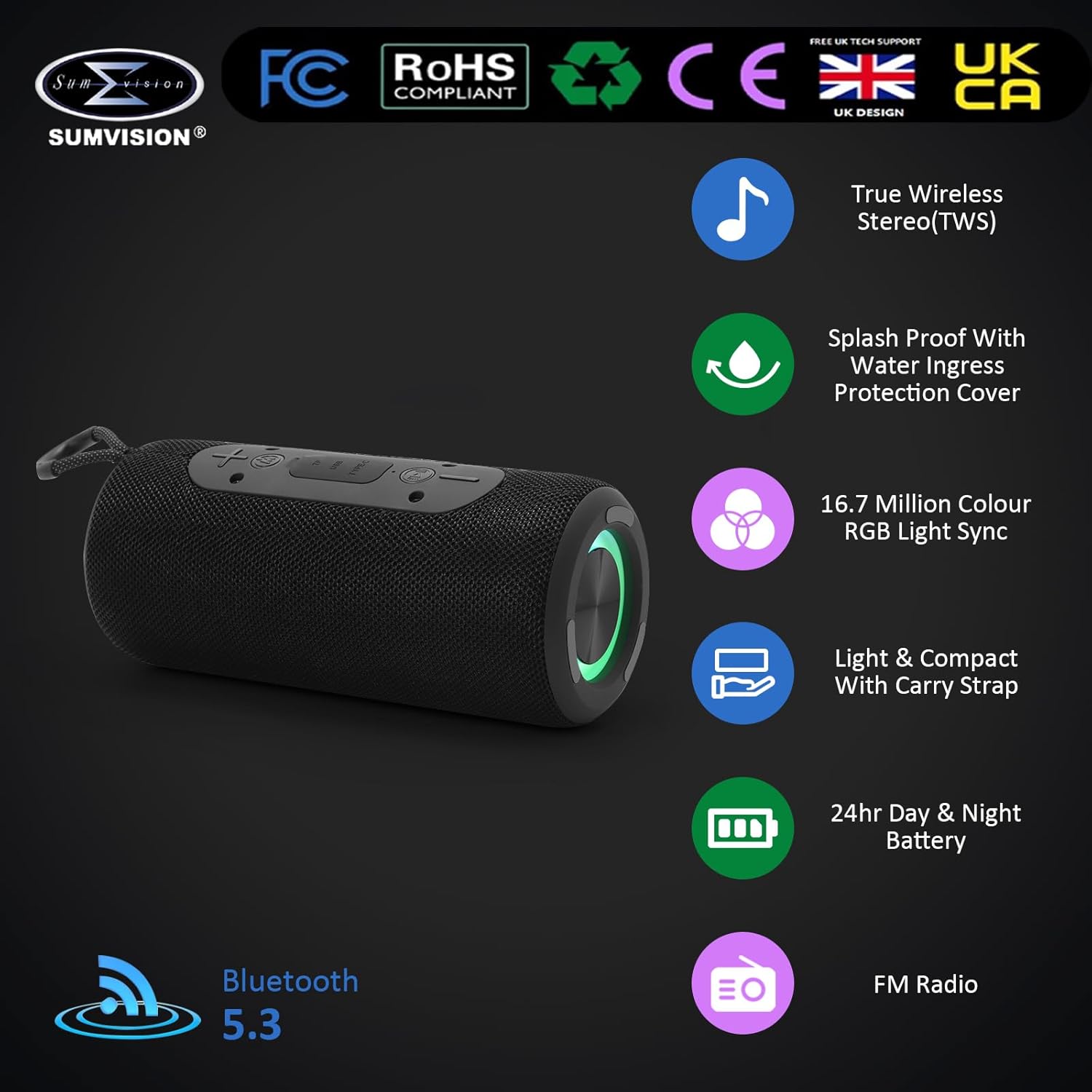 Bluetooth Speaker 24Hr Battery RGB Bass TWS Portable USB C