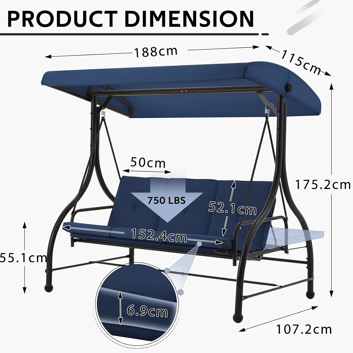 3 Seater Garden Swing Seat Bed Convertible Hammock Chair Blue