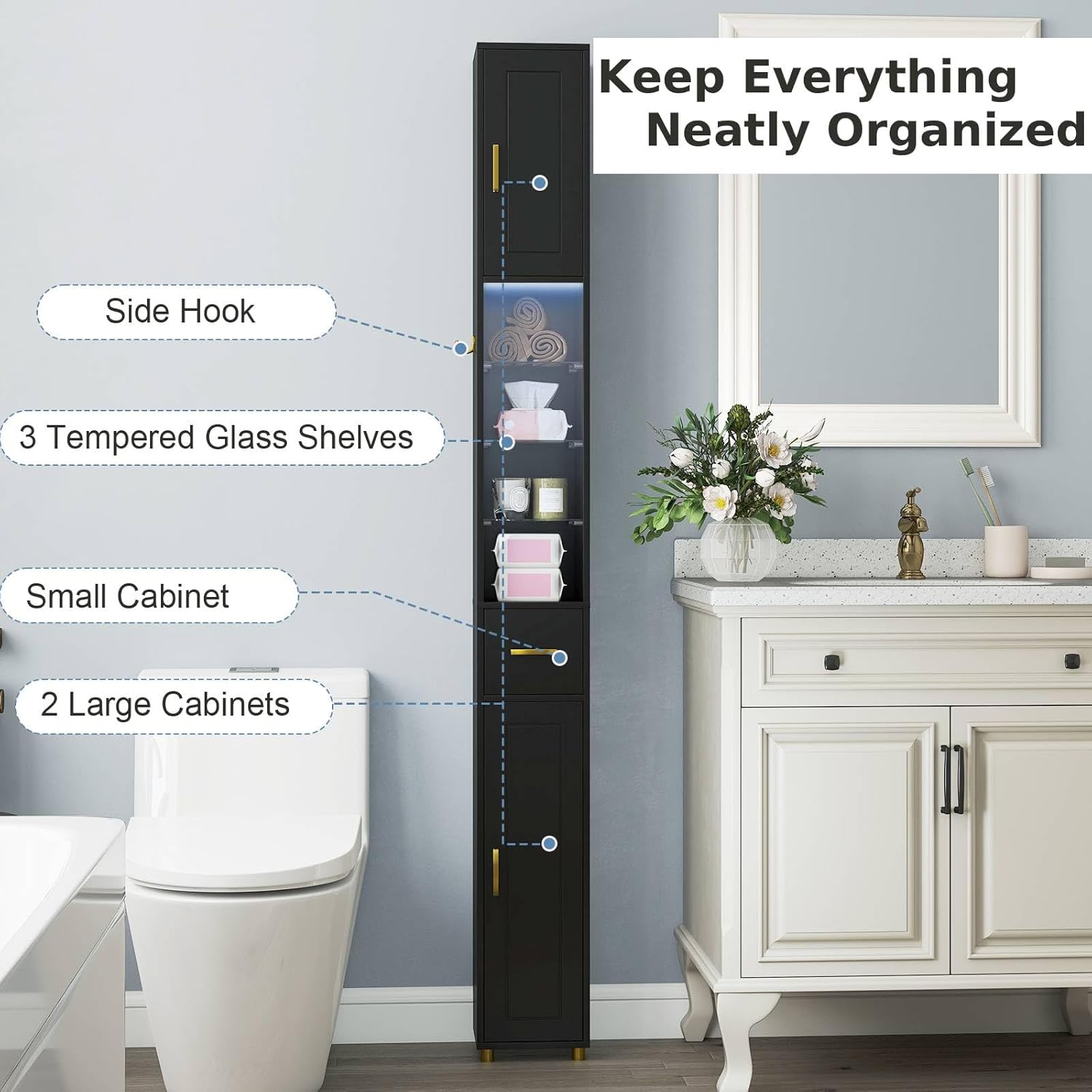 Tall Slim Storage Cabinet Black LED Shelf Hook Unit