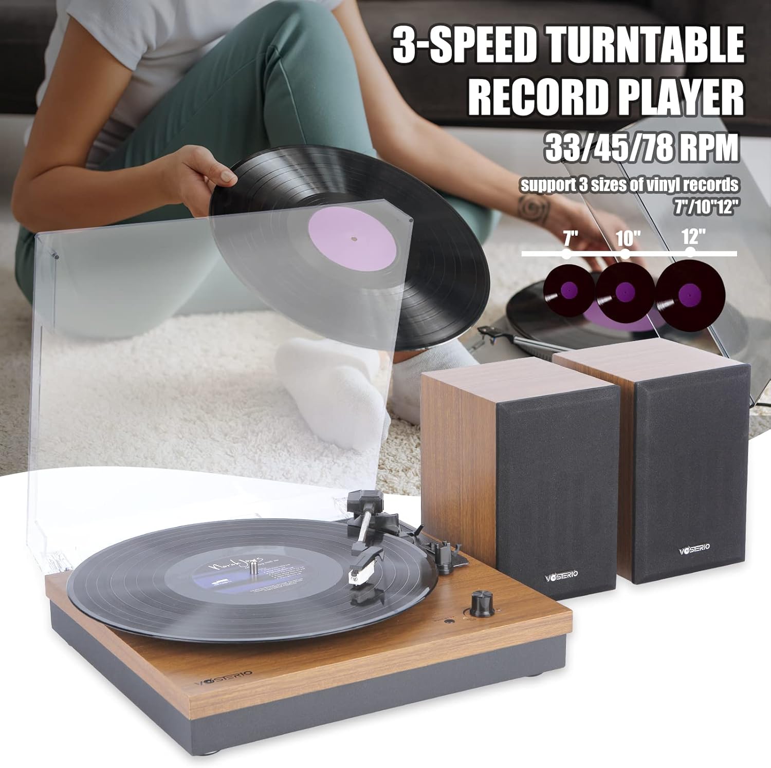 Bluetooth Record Player 3 Speed Turntable 30W Speakers Walnut