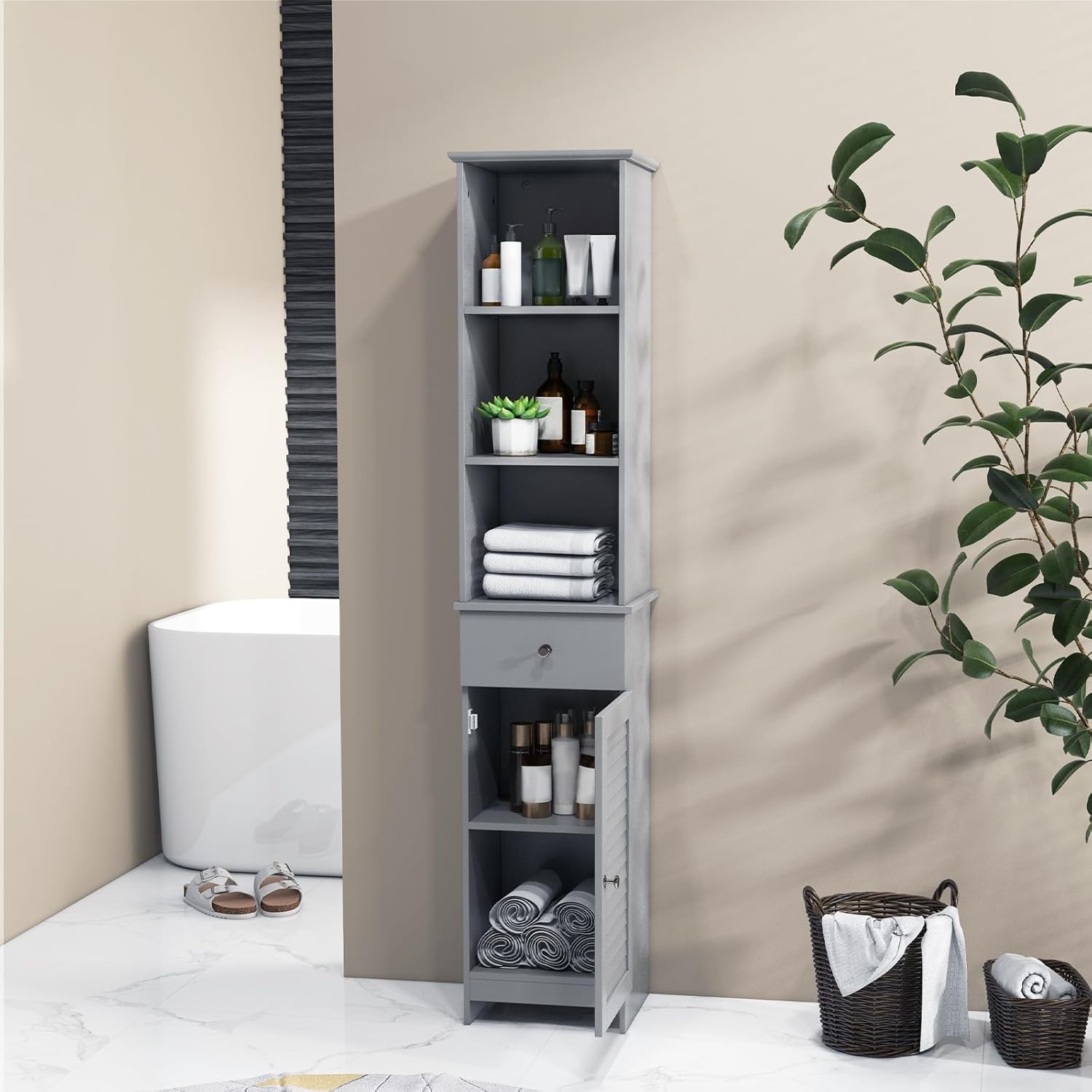 Slim Bathroom Tall Cabinet Drawer Shelf Cupboard Grey