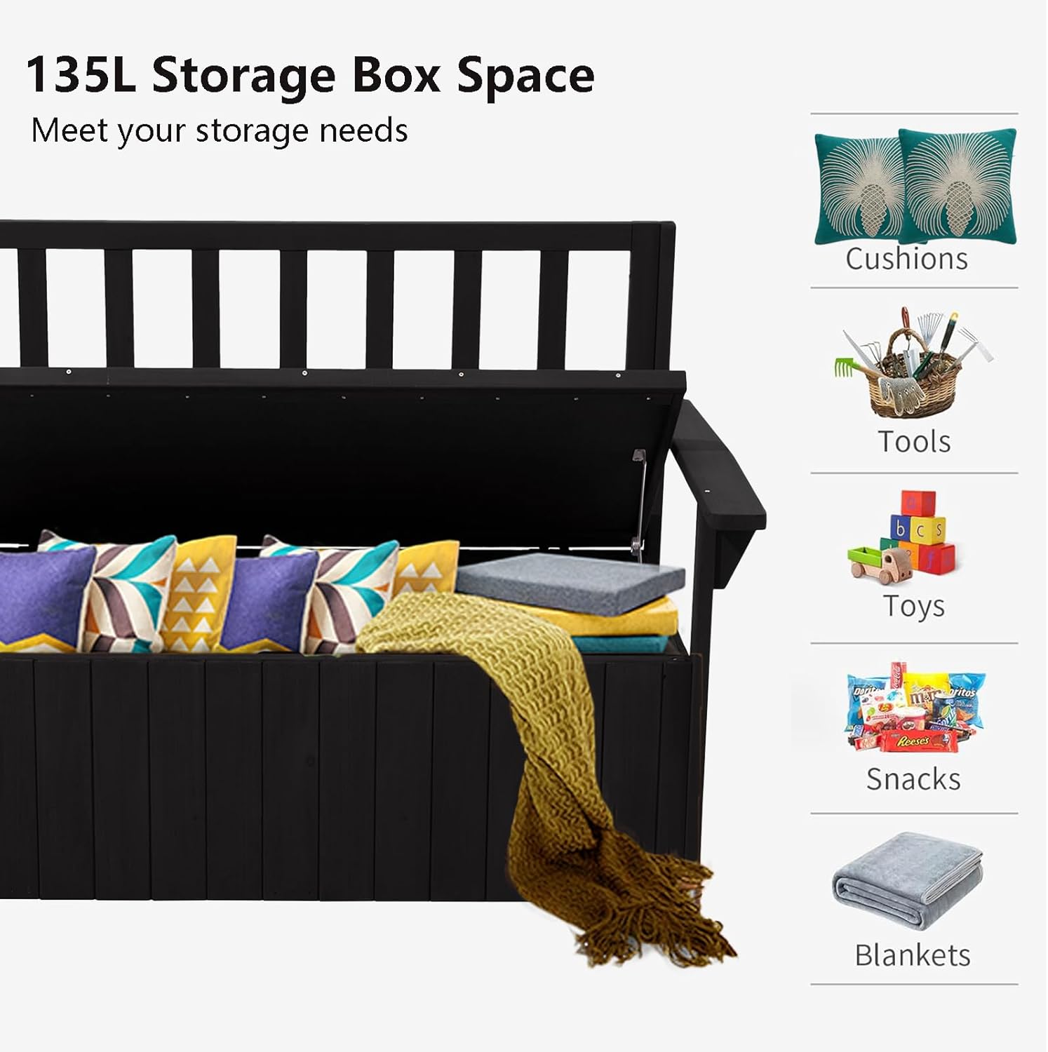 2 Seater Wooden Garden Storage Bench 135L Outdoor Patio Seat Black