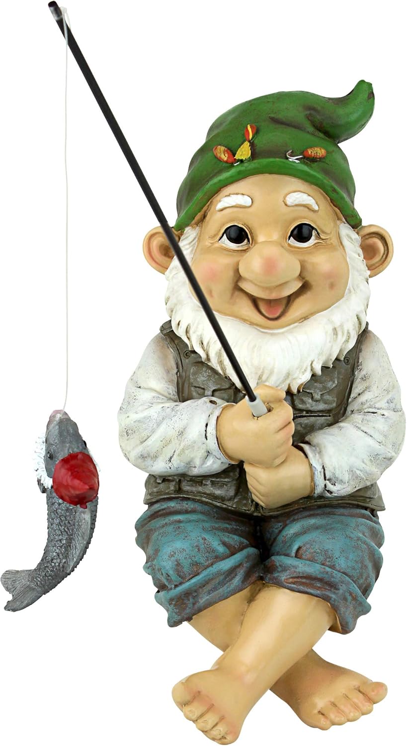 Fishing Garden Gnome Sitter 24cm Resin Outdoor Lawn Decor