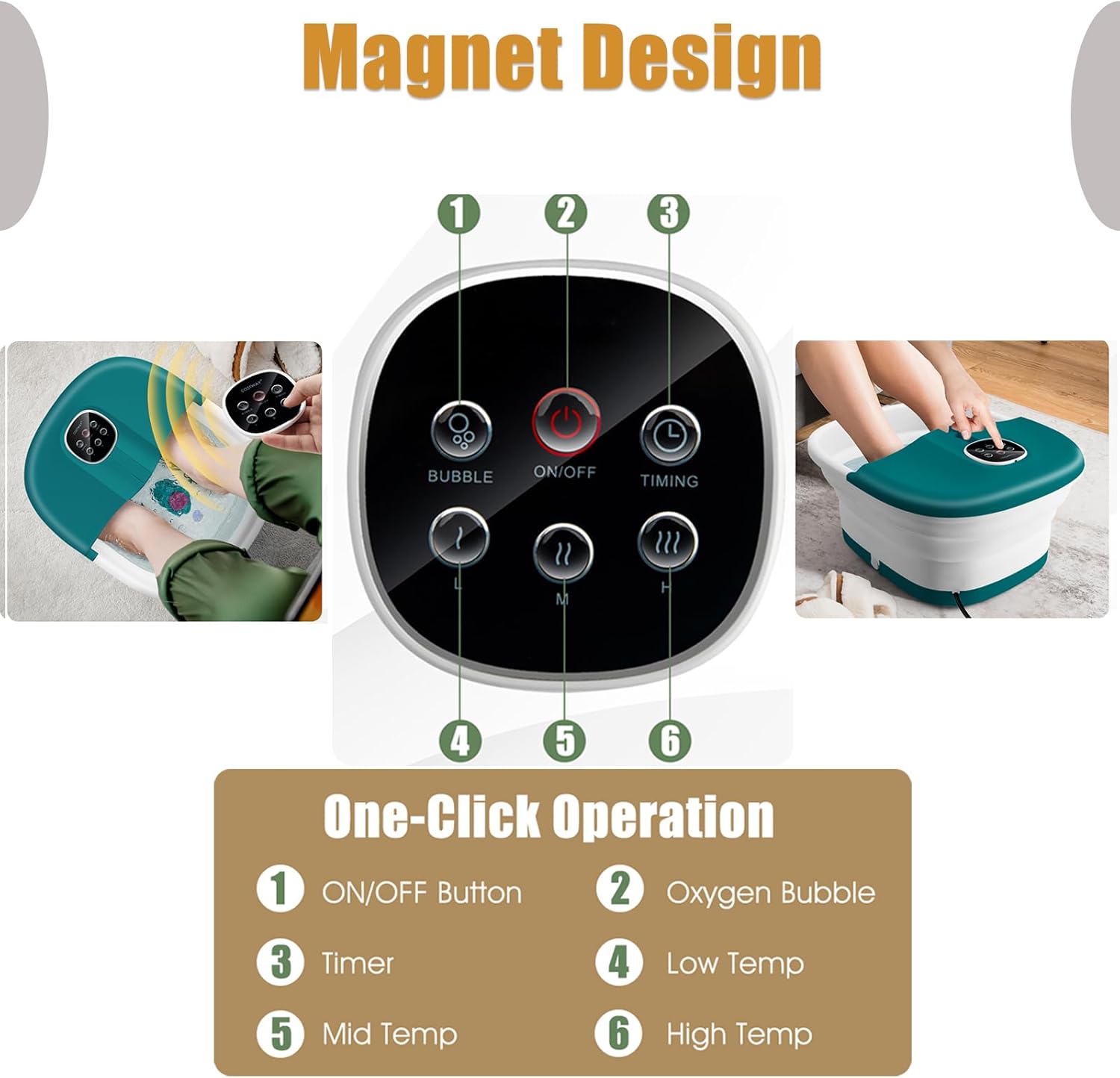 Foldable Foot Spa Massager Heat Bubble Rollers Remote Timer